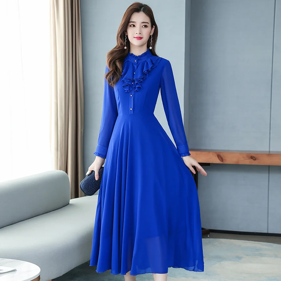 2024 Vintage Solid Chiffon Lady Maxi Dress Autumn Winter Long Sleeve Chic Evening Dress Elegant Women Bodycon Prom Party Vestido