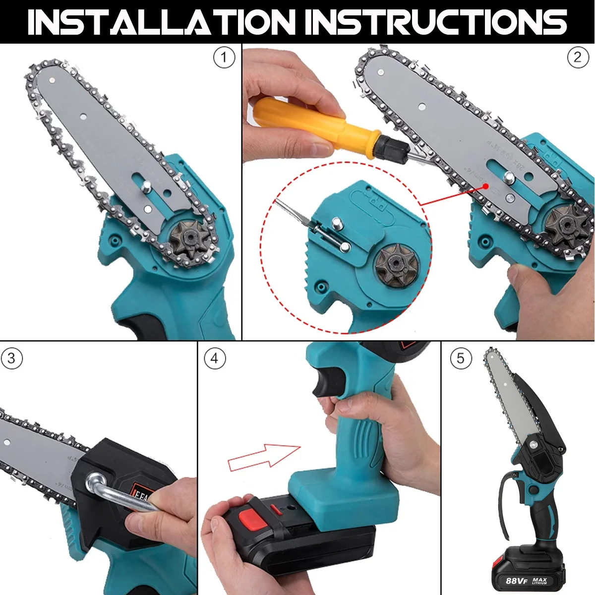 6 Inch 3000W 88VF Mini Electric Chain Saw With 0/1/2PC Battery One-handed Woodworking Cutter Tool For Makita Battery 18V EU Plug