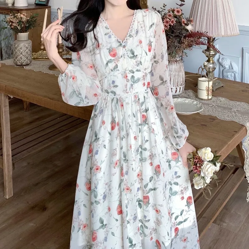 New Vintage Nine points Sleeve Floral Dress For Women's Clothing 2023 Spring Summer Waist Slim Chiffon Dress D1527