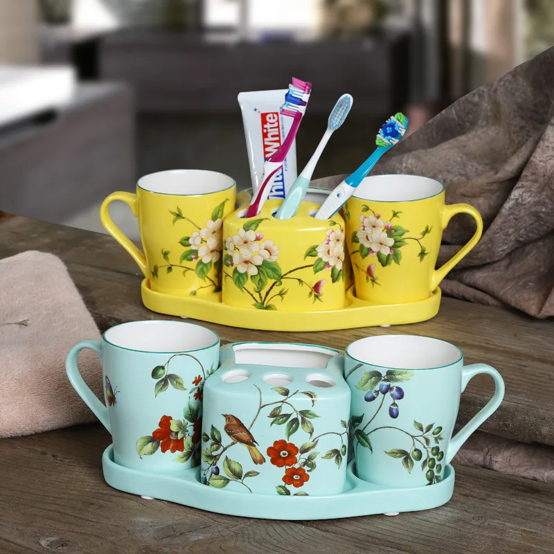 Bathroom Accessories Set Chinese Ceramic Toothbrush Holder Gargle Cups With Tray Flower and Bird Painting Marry Birthday Present