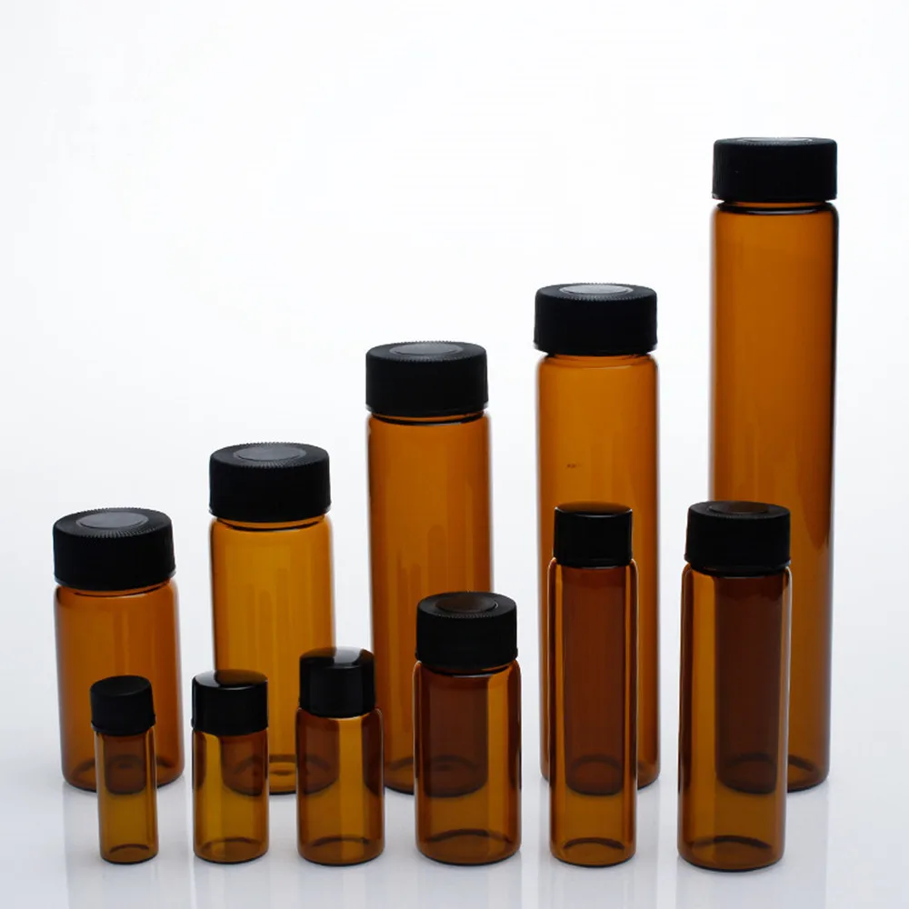 20pcs  3/510/15/20/30/40/50ml Lab Brown Glass Sample Bottle Brown Reagent Vial with Screw Plastic Cap and PE Pad