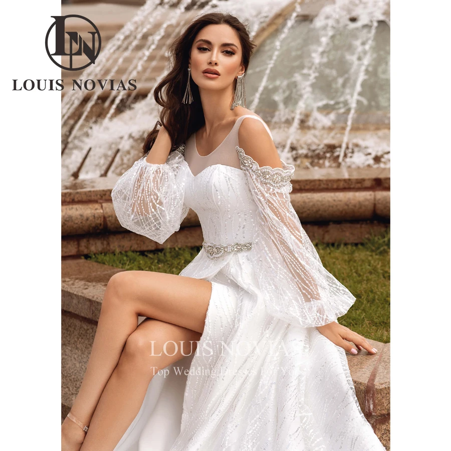 LOUIS NOVIAS a-line abito da sposa 2022 Sexy Scoop lucido paillettes manica a sbuffo perline telai spiaggia Lace Up Vestidos De Novia