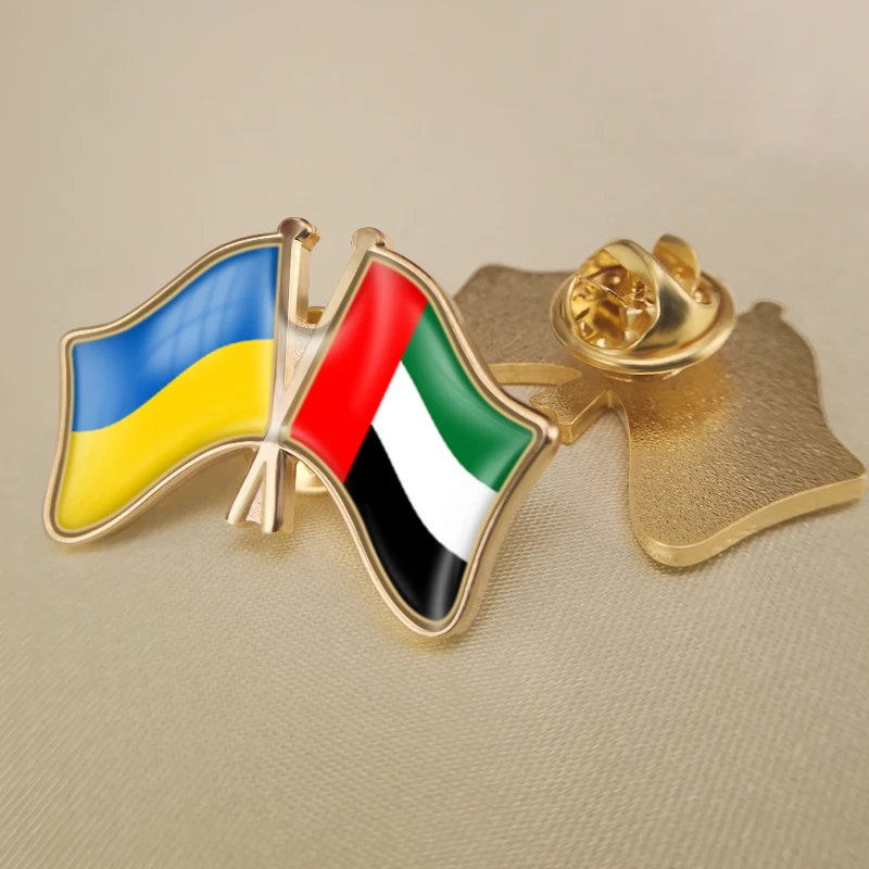 United Arab Emirates and Ukraine Crossed Double Friendship Flags Lapel Pins Brooch Badges