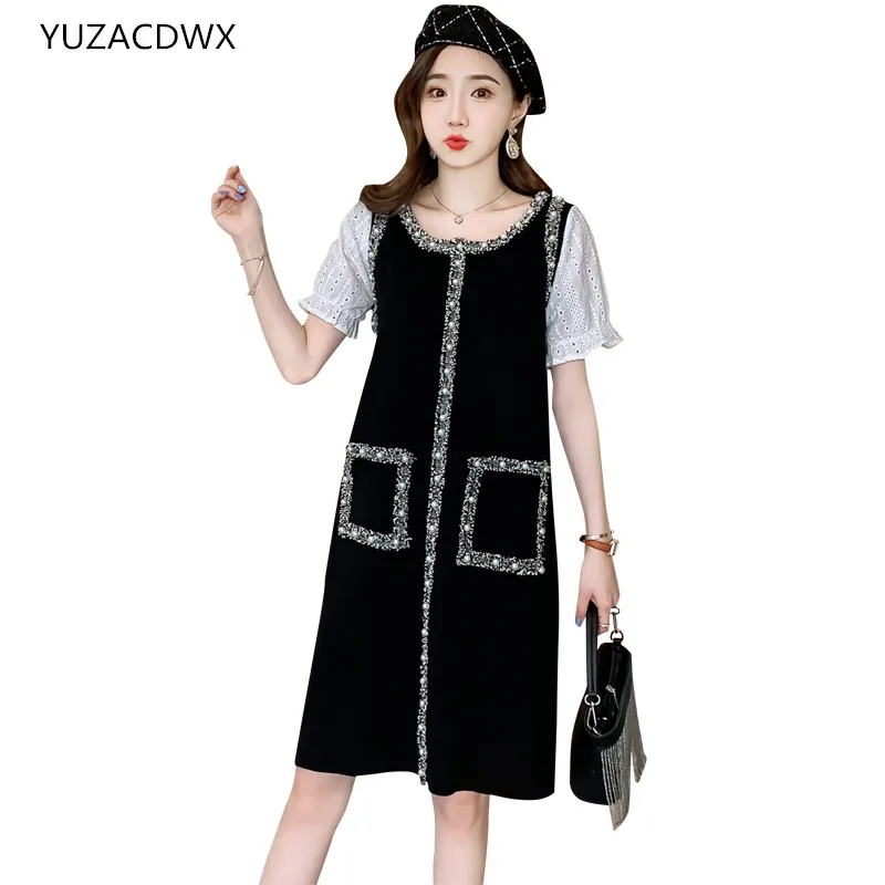 

Sweet Knitted Mini Dress Elegant Diamonds O-Neck Fashion Splicing Vestidos Women