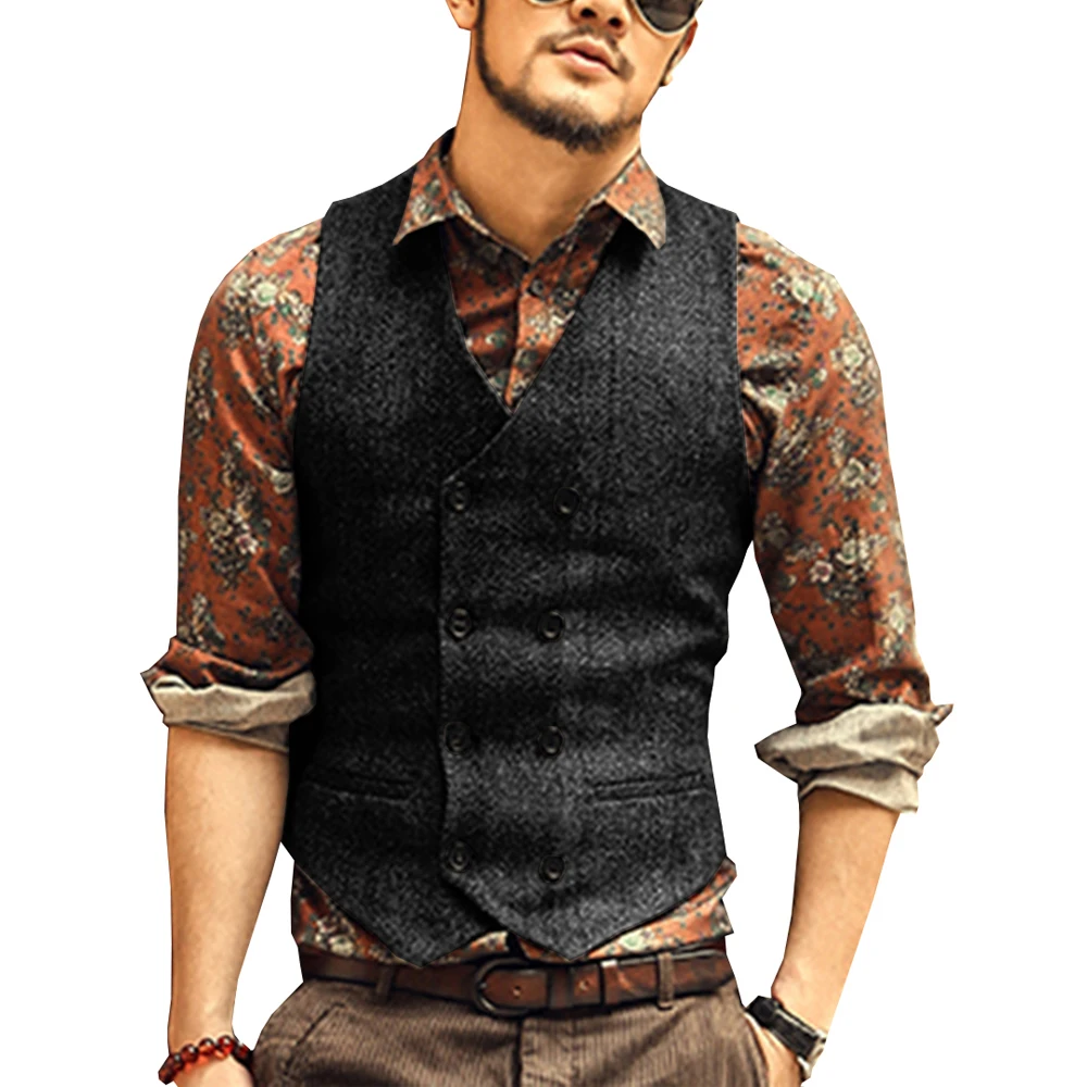 Men Vests for Groomman Wedding Groom Wear Vest Tweed Custom Waistcoat Brown Black Clothing Jacket Steampunk Bride Tuxedo