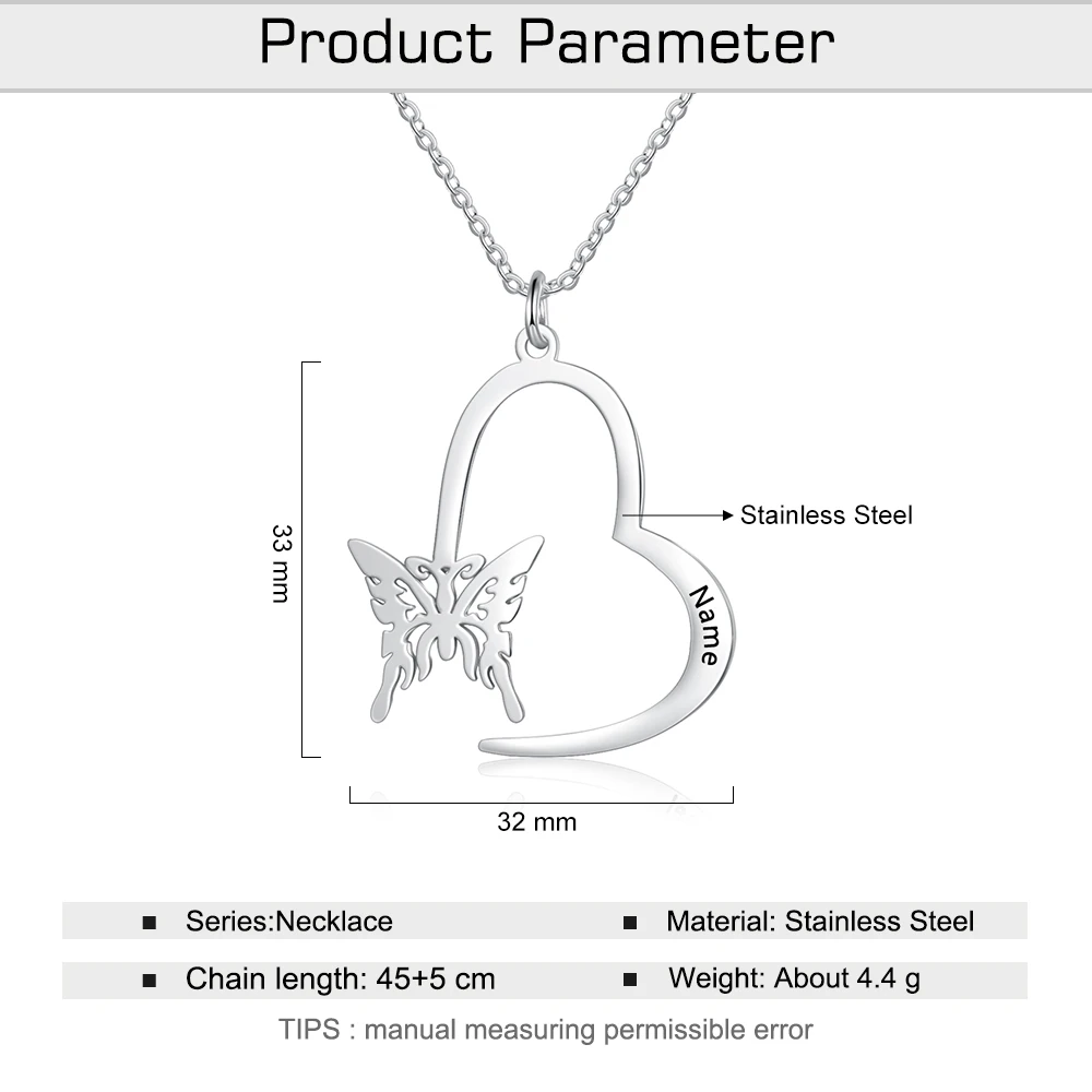 JewelOra Personalized Butterfly Necklace with Name Engraving Women Customize Pendant Necklace Stainless Steel Jewelry