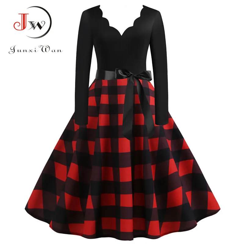 Black Big Swing Print Vintage Christmas Dress Women Winter Casual Long Sleeve V Neck Sexy New Year Party Dress S~3XL