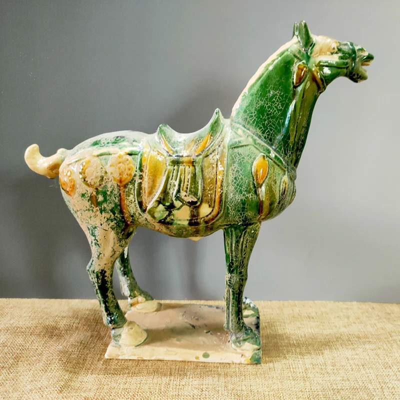 Elaborate Chinese Famous Tang Dynasty Craftsmanship Tang Sancai Ceramic Collection Home Decoration Green Horse Statue