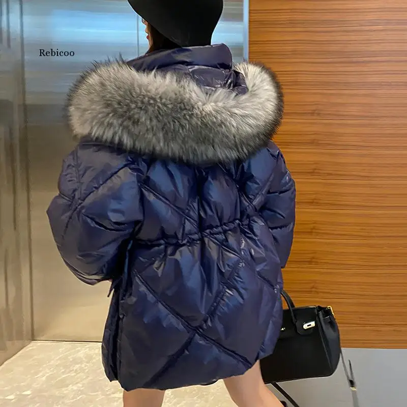 

New Arrivals Parkas Winter Luxury Big Silver Fox Fur Collar Fuffy Down Jacket Women Korean Female High Waist Down Jackets Ladies