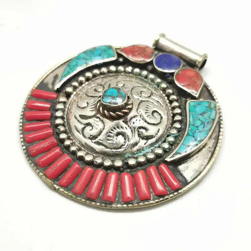 TBP758 Tibetan Jewelry Nepal Vintage Pendant Copper Inlay Colorful Stone Big Round Pendants