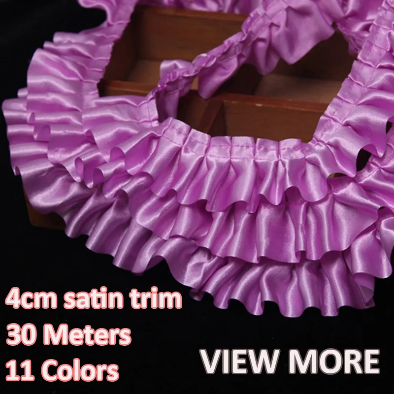 30Meters/Lot 4cm Wide Satin Ruffle Lace Trim Purple Pink Red Pleated Fold Ribbon For Clothing Wedding Designer Fabric