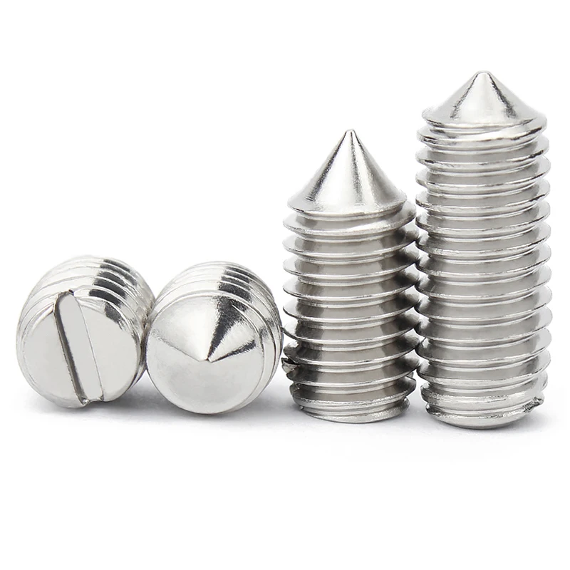 10pcs/lot  Stainless Steel Slotted Head Cone Point Grub Set Screw M1.6 M2 M2.5 M3 M4 M5 M6 M8 M10 Tapered End Headless Bolt