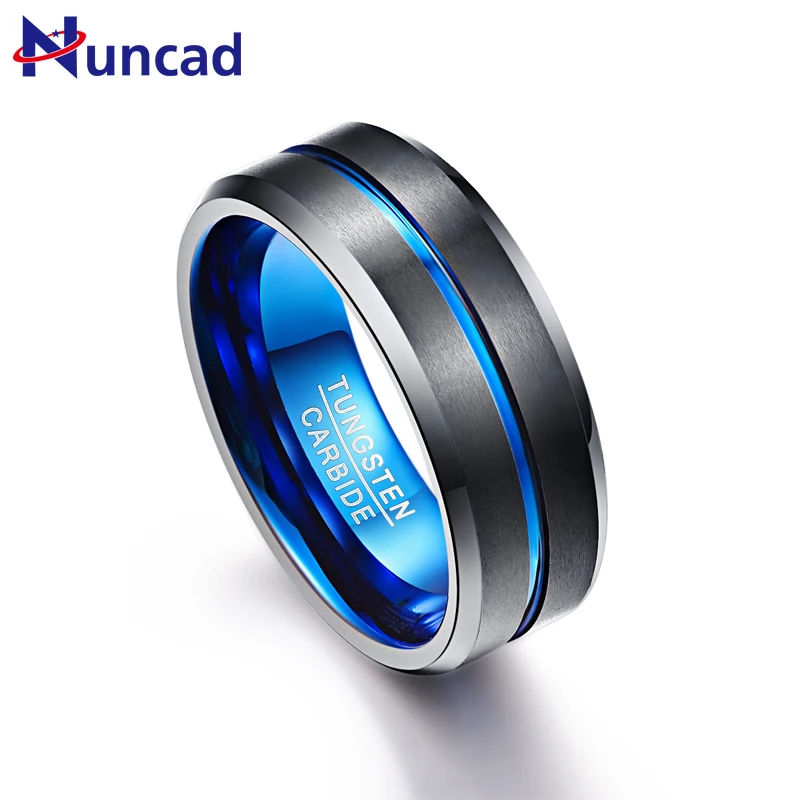 NUNCAD Men\'s 8mm Tungsten Carbide Ring Blue & Black Matte Finish Beveled Edge Wedding Band Size 4 to 17 T004R