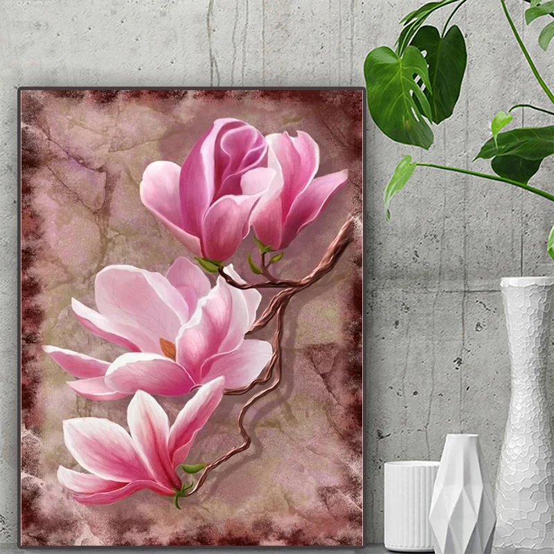 Diamond Painting Pink White Magnolia, full circle Diamond embroidery display Mosaic Cross Stitch set Home Decor TT5297