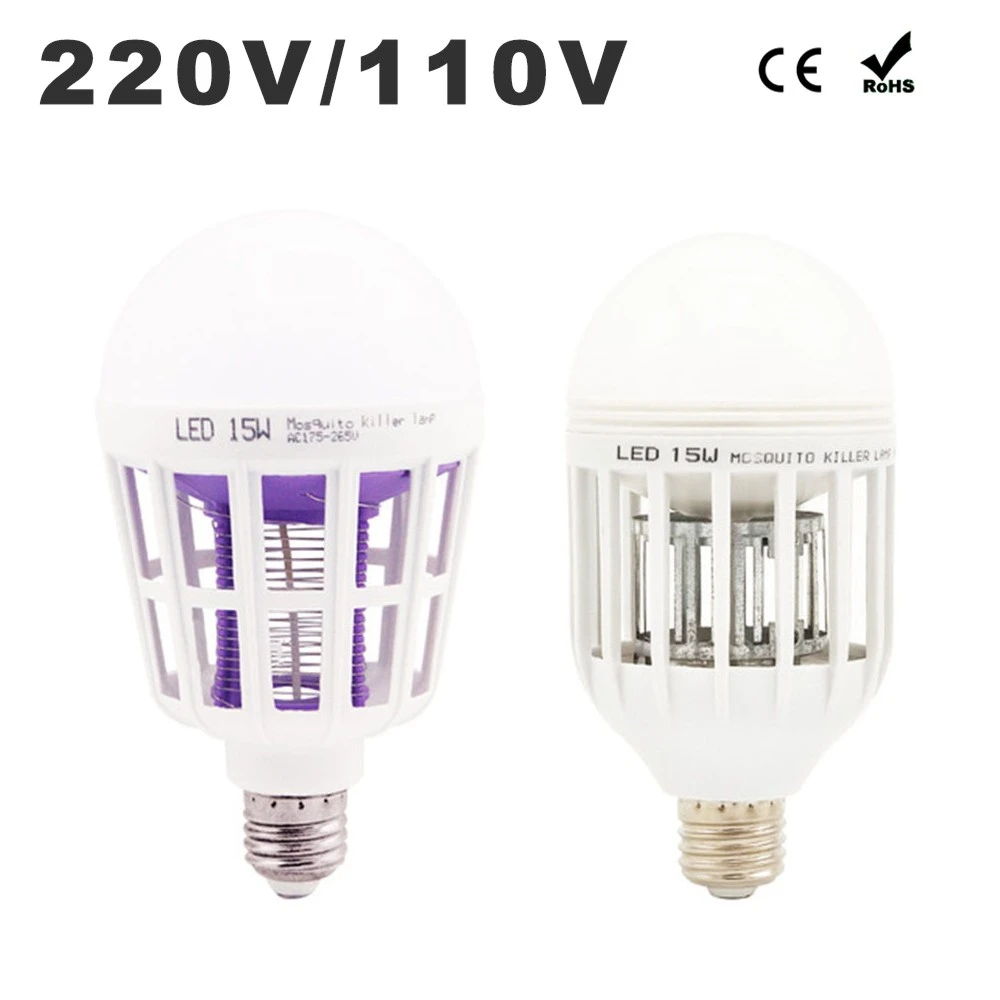 E27 모기 킬러 램프 전구, 110V 220V 15W LED 전구, 2 in 1 방충제 파리 살충 조명, 버그 재퍼 에너지 절약 램프  Best5