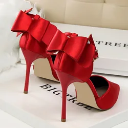 BIGTREE Shoes Bow-knot High Heels Women Shoes Satin Woman Pumps Sexy Wedding Shoes Stiletto Heels Hollow Woman Sandals Size 43