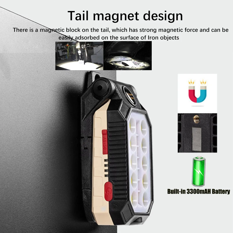 Luz de trabajo LED COB plegable, linterna portátil recargable por USB, linterna impermeable, Lámpara de trabajo de Base magnética, luz de Camping