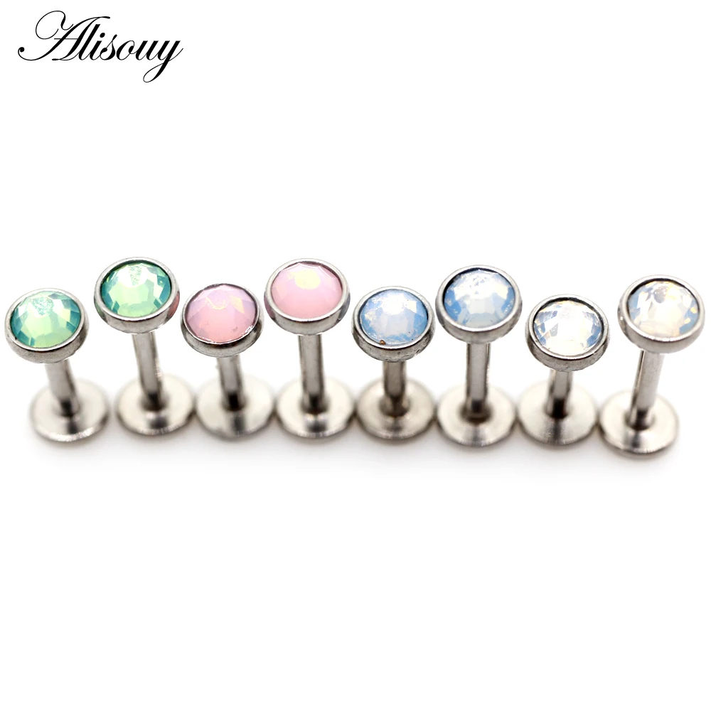 Alisouy 1pc Opal Labret Tragus Cartilage Earring 16G Punk CZ Zircon Round Tragus Lip Ring Monroe Ear Cartilage Earring Piercing