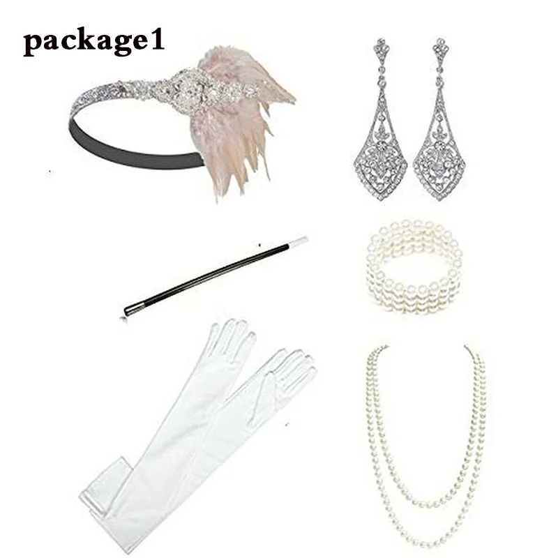 1920s Cosplay Halloween Gatsby Accessories Headband Necklace Gloves Cigarette Holder Flapper Costume Accessories Set for Women