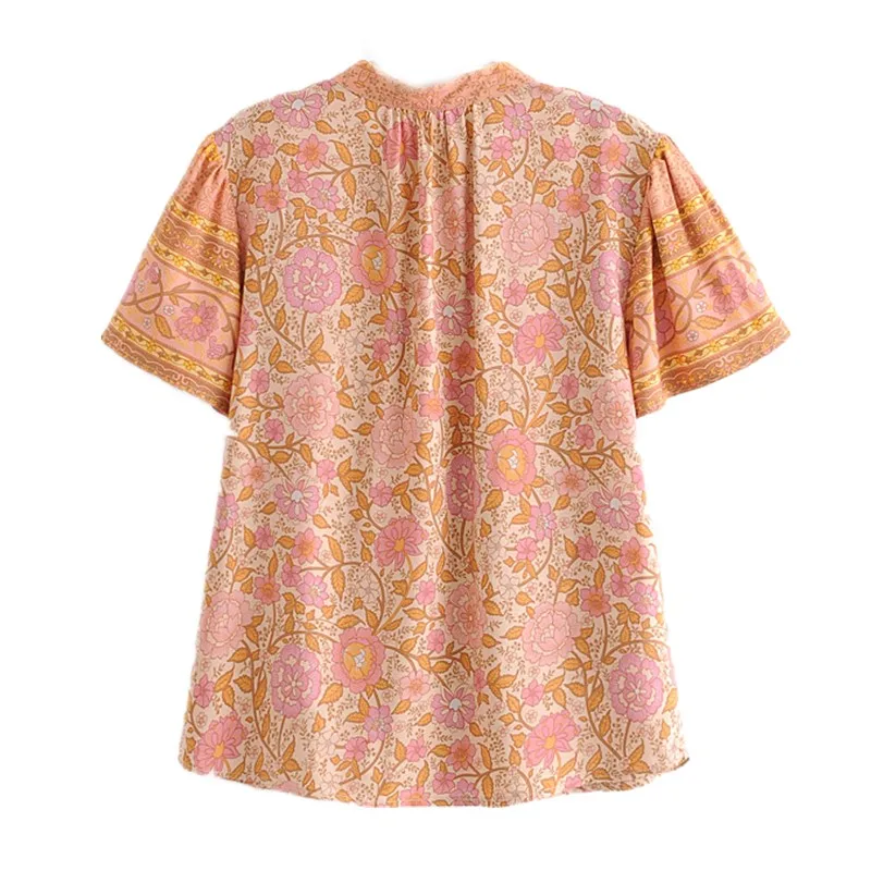 Boho Quaste Schnürung Kragen orange Blumen druck Kurzarmhemd ethnische Frauen Einreiher Knöpfe Bluse Tops