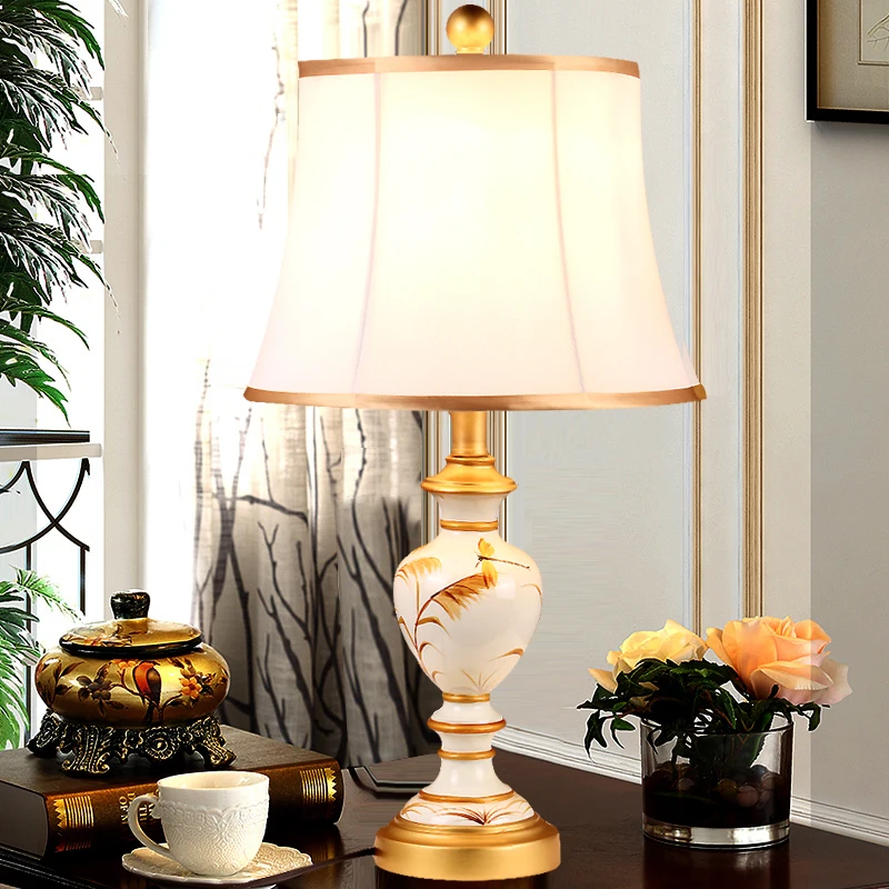 European rural retro white resin art Table Lamps American creative dimmer switch fabric deco lamp bedside&foyer&studio LJDS004