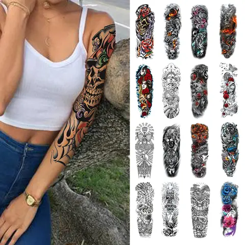 Waterproof Temporary Tattoos For Women Body Art Painting Arm Legs Tattoos Sticker Wild Wolf Tiger Full Skull Totem Tatto