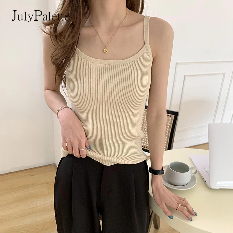 JulyPalette Sexy V-neck Female Knitted Camisoles 2022 Summer Casual Y2k Basic Women Sleeveless Crop Top Solid Tank Tops 10Colors