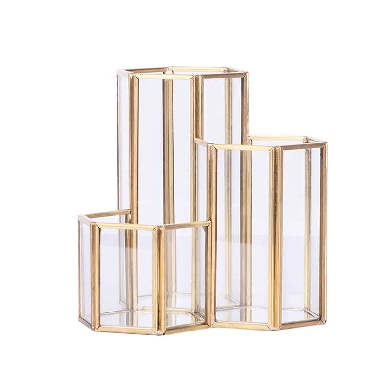 Glass Copper Hexagon Composite Pen Holder Makeup Brush Glass Box Multifunction Desktop Organizer Office Accessories