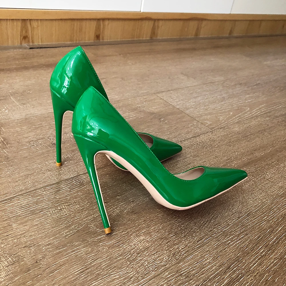 Veowalk Olive Green Women Plain Patent Leather Pointed Toe Stiletto Pumps 8cm 10cm 12cm High Heel Elegant Party Wedding Shoes