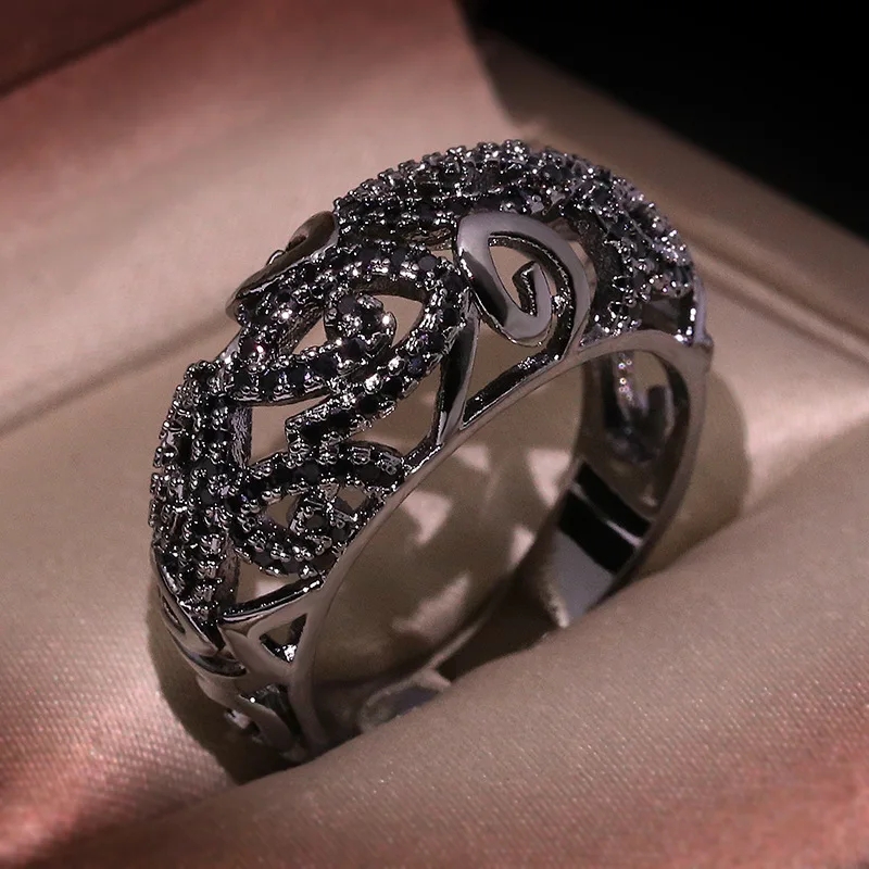 Übertrieben Persönlichkeit Ring Wolfram Schwarz Zirkon Hohl Woven Muster Retro Ring Hochzeit Ring Schmuck Geschenk Damen Ring