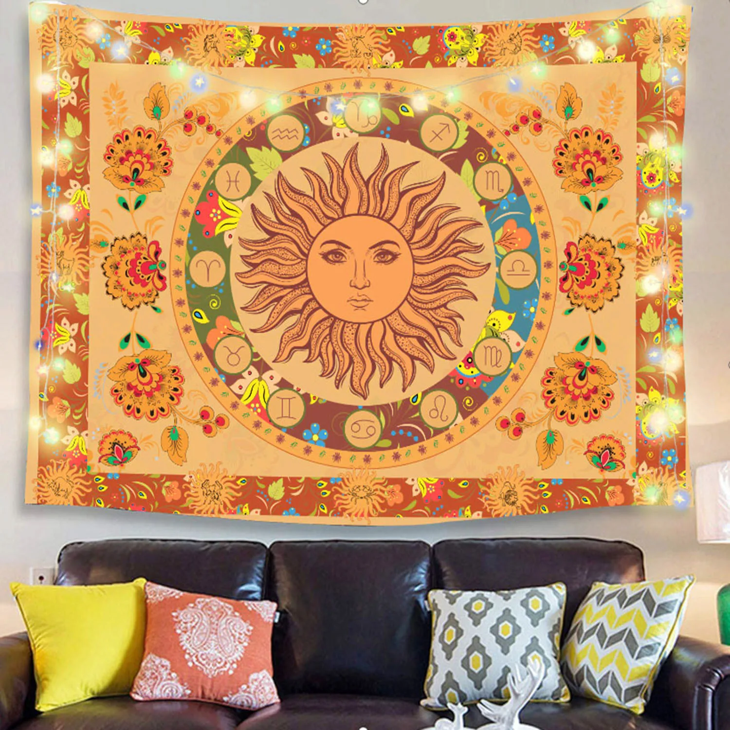 Celestial Burning Sun Tapestry Vintage Flower Vine Mystic Hippie Tapestry Wall Hanging Sun Moon Face Throw Bedspread Beach Towel