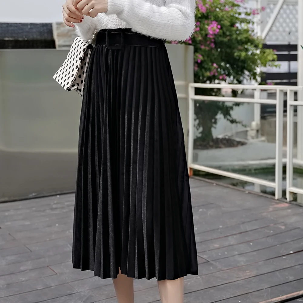 

Skirts Women 2020 Autumn Mid-calf Length Faldas Mujer Moda Elastic High Waist Jupe Femme Saia Midi Solid Female Pleated Skirt