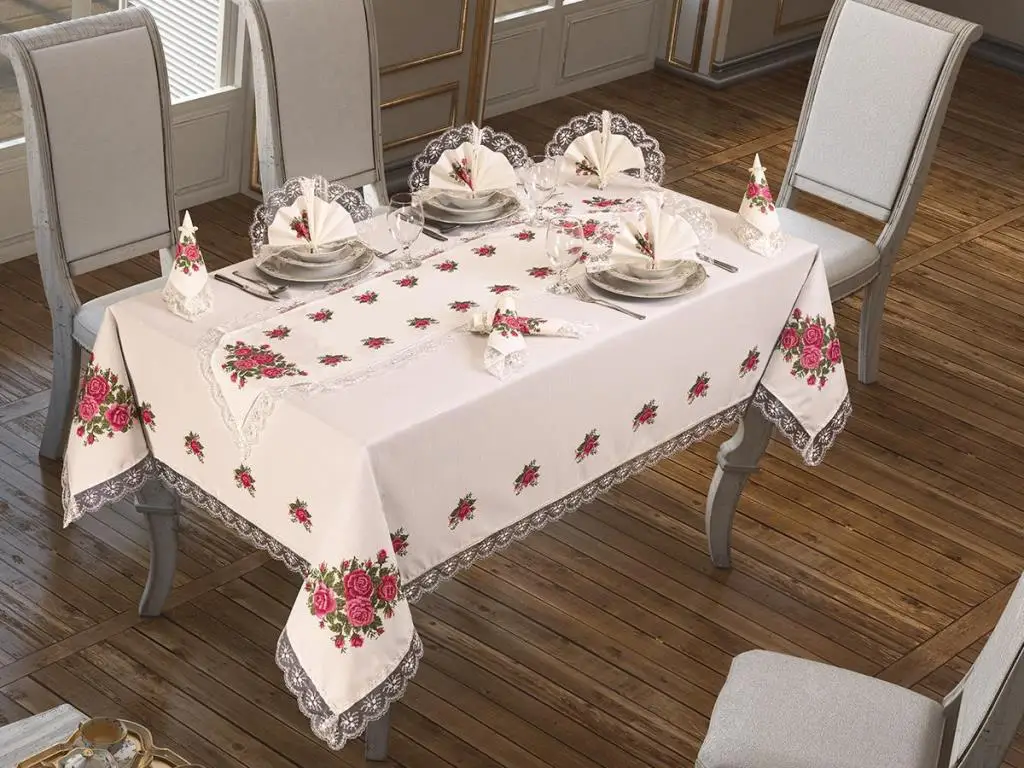 Cross stitch Printed Laced Four Rose Table Cover Set 18 Piece Pink