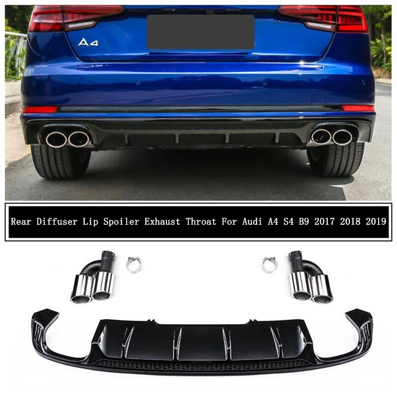 

For Audi A4 S4 B9 2017 2018 2019 Rear Bumper Diffuser Lip Spoiler Exhaust Throat High Quality ABS Bright Black Auto Accessories