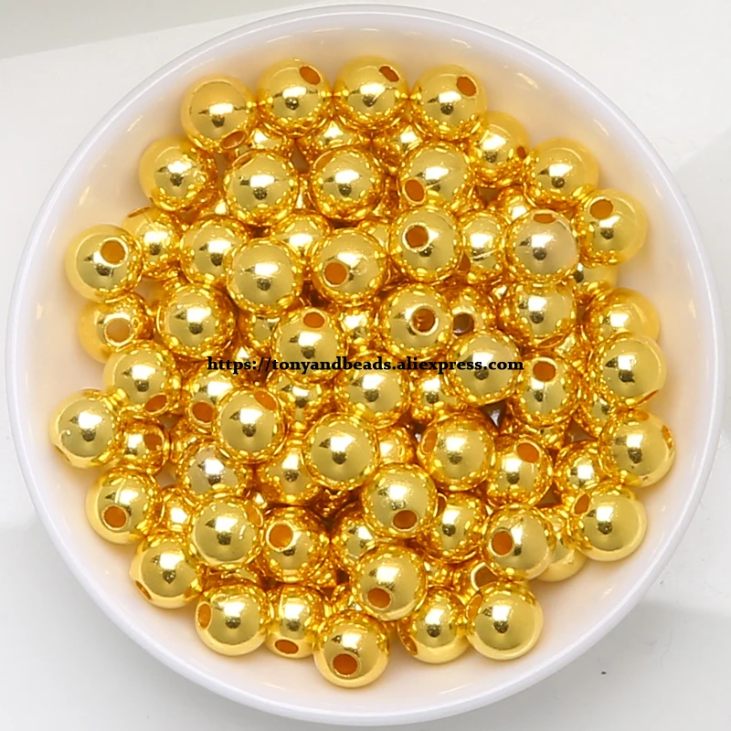 Glatte goldfarbene ABS-Acryl-Abstandsperlen in runder Form, 4, 6, 8, 10, 12 mm, Größe wählbar für die Schmuckherstellung. – Detail 1