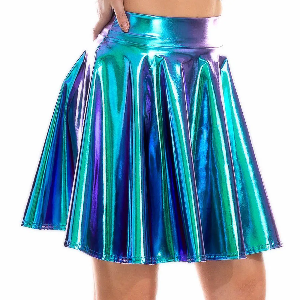 

Summer Sexy Laser High Waist Mini PU Leather Skirt Club Party Dance Shiny Holographic Skirts Harajuku JK Metallic Pleated Skirts