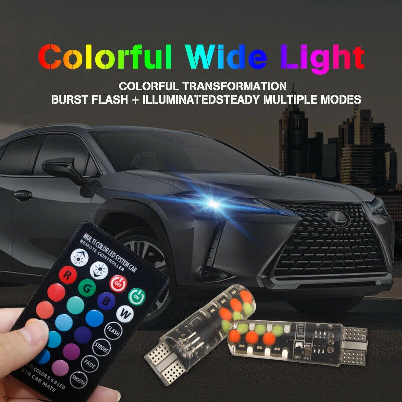 2020 Led T10 RGB Clearance Light New Universal Car RGB COB 12SMDs Colorful Multi Mode Car Light Bulb With Remote Controller 2pcs