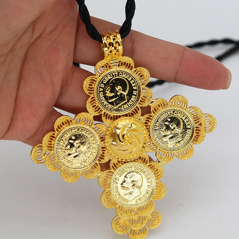 Ethiopian Wedding Big Cross Pendant for Women Girl Black Rope 24k Gold Color Bohemian Jewelry African Crosses