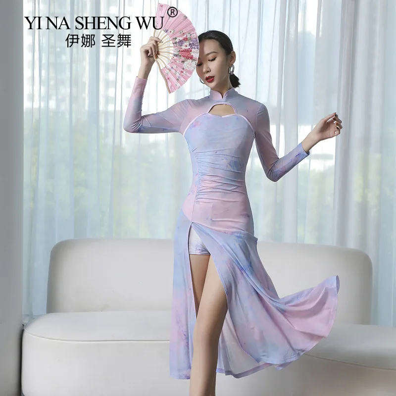 Cheongsam Stand-up Collar Classical Performance Clothing Mesh Printing Hollow Performance Clothing High Slit Practice Clothing