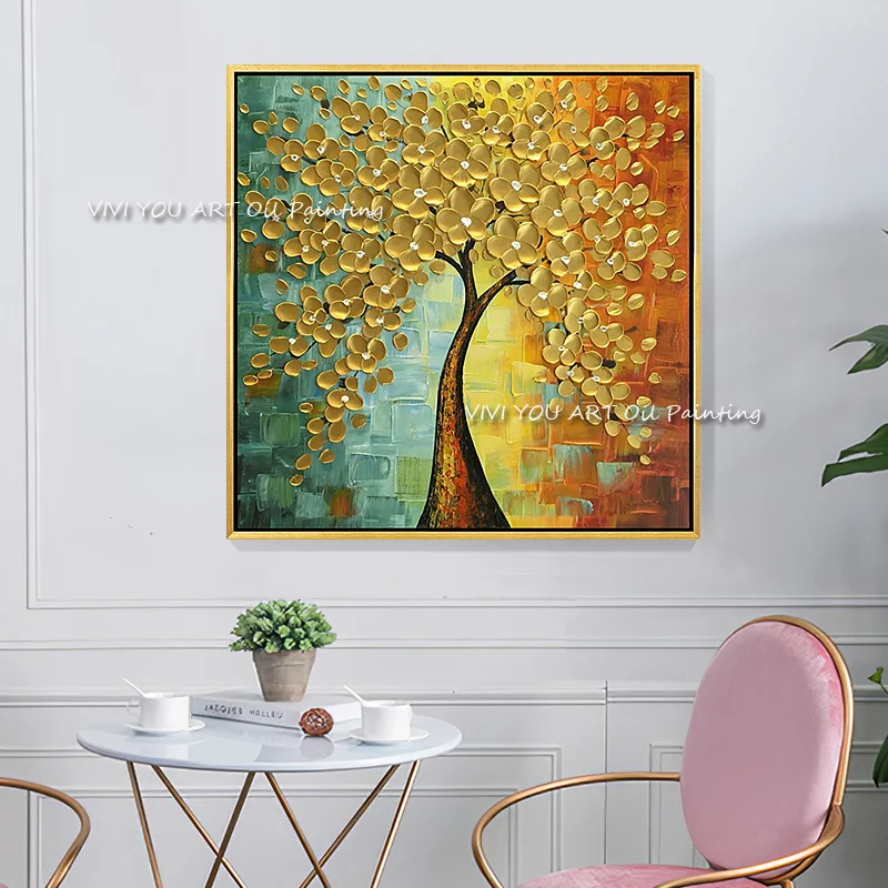 Abstract Canvas Knife Gold Flower Oil Painting Decoration Modern Art 100% Handmade Large Wall Pictures For Living Room No Framed