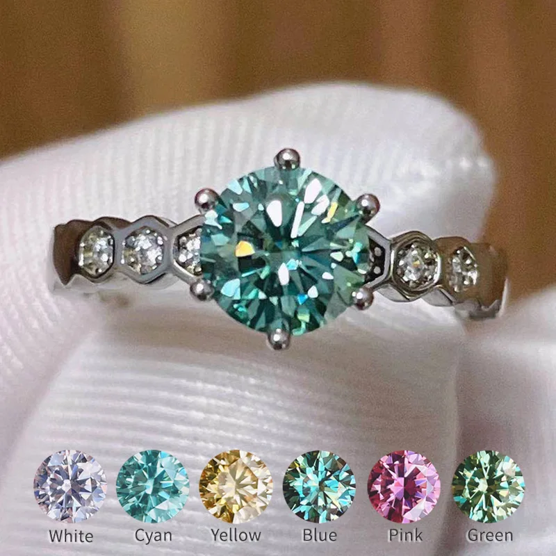 Wholesale 1 Carat Moissanite Rings Blue Cyan Pink Red Yellow Green Can Pass Diamond Test S925 Silver For Women Bridal Jewelry