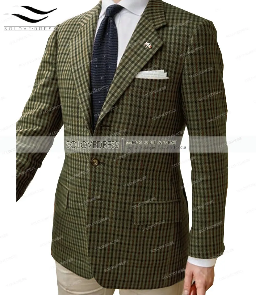 Formal Men\'s Suits Regular Fit Plaid Wool Tweed Prom Army Green Tuxedos Solid Business Brown Suits for Wedding Grooms Best Man