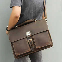 Mallette en cuir véritable pour hommes, sac à main pour ordinateur portable de 15 pouces, sac à bandoulière en cuir de vache business, grand messager