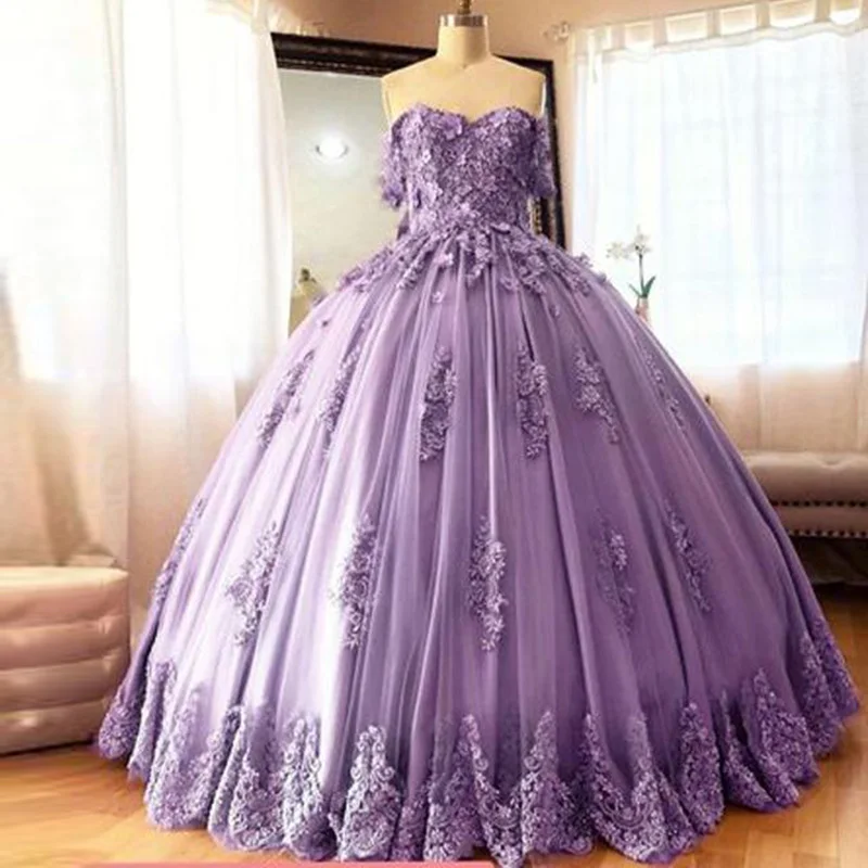 Vestidos de baile Quinceanera, rosa roxo, renda flor 3D, aplique fora do ombro, vestidos de festa Sweet 15, 2021