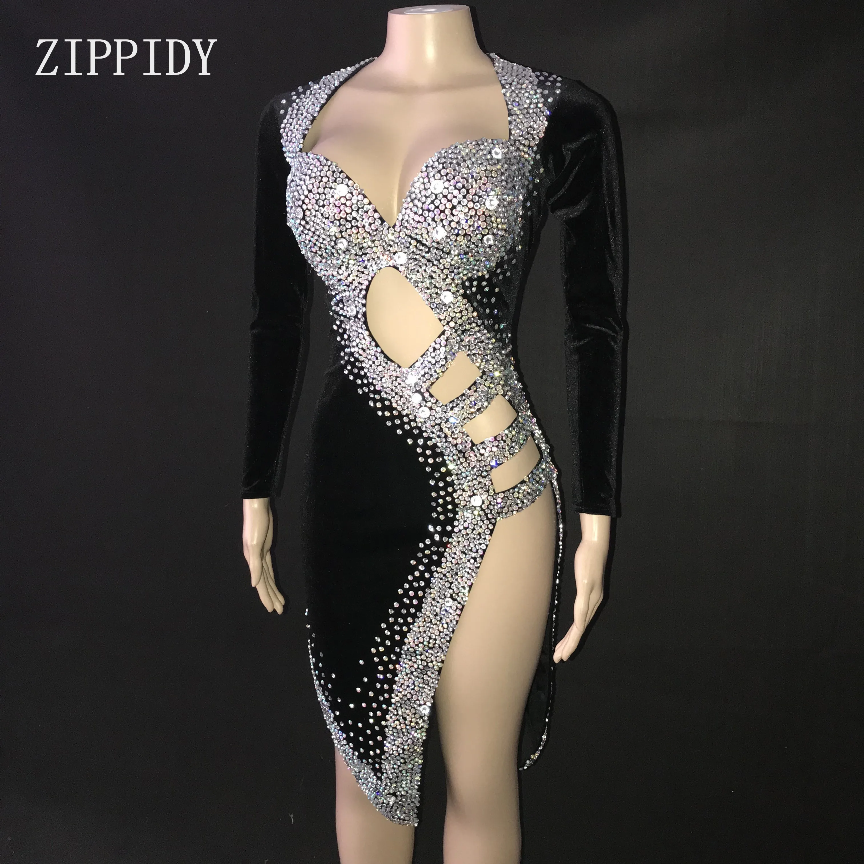 

Sexy Silver Stones Black Latin Dance Dress Outfit Stage Wear Sparkly Rhinestones Costume Birthday prom show Stretch Dress