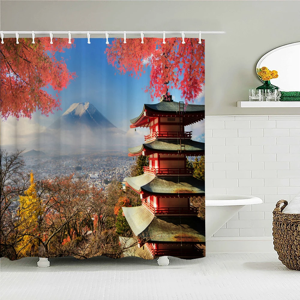 Japanese-style Shower Curtain 3d Ink Painting Bathroom Curtain Waterproof  With Hooks 180*240CM Shower Curtain Polyester Fabric