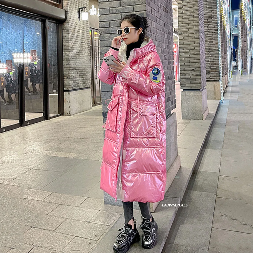 2022 New Glossy Winter X-Long Feather Coat Women Parkas 90% White Duck Down Jacket Loose  Coats Female Puffer Snow Jacket