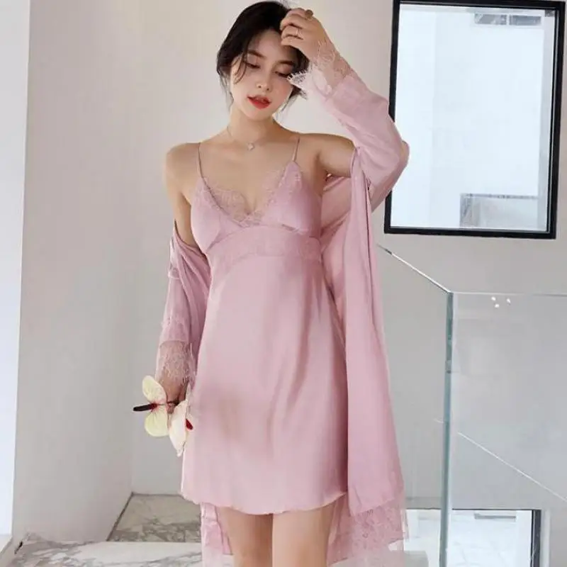 

Satin Kimono Bathrobe Gown Lady 2PCS Nighty&Robe Suit Sleepwear Sexy Nightgown Nightdress Intimate Lingerie Lace Home Clothes