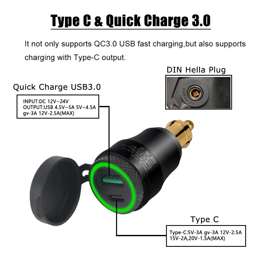 Motorcycle Quick Charger USB 3.0 & Type C Power DIN Hella Socket Adapter For BMW F900XR R1150RT R1100RT R1200RT For Tiger 800XC