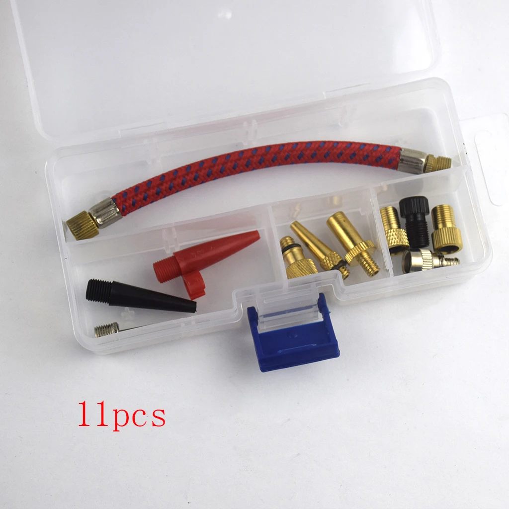 11 in 1 Replacement Bike Tire Air Pump Inflatable Inflator Extension Hose Tube Tip Adapter Nozzle Kit with Storage Box